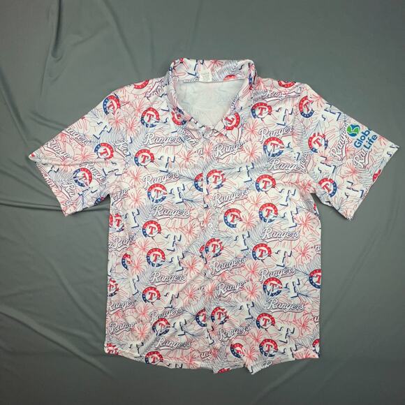 Texas Rangers Button Up Mens Medium White Hawaiian Allover Print Baseball Bold - Picture 1 of 6